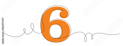 Continuous line art of the number 6 with curved and twisting lines. Vector illustration with attractive colors.