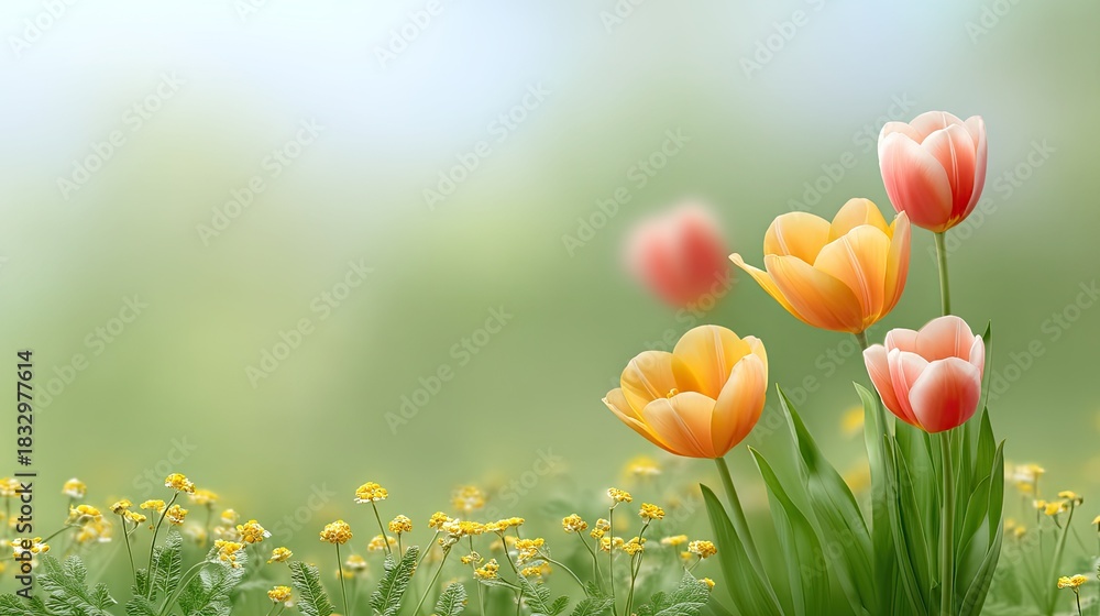 Fototapeta premium Vibrant Tulips and Wildflowers in Soft Focus Background, Bright Colorful Floral Display Captures Essence of Springtime and Natural Beauty in Garden Setting