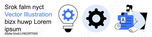 Innovation, technology solutions, engineering design, technical documentation, creative ideas, brainstorming process. A lightbulb with a gear inside, a gear icon, and a person analyzing a document