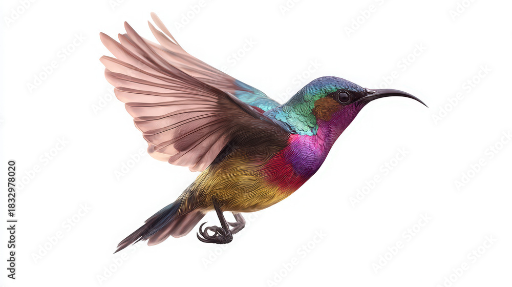 Naklejka premium sunbird hovering over flower with metallic colors on white background