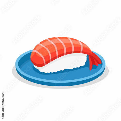 A cartoon-style illustration of a shrimp sushi piece on a blue plate against a white background with a simple and appetizing mood.