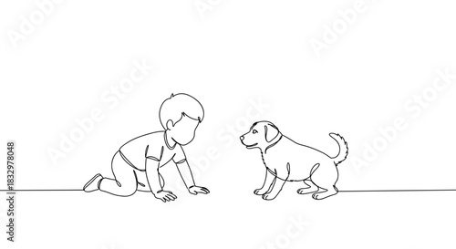 A child crawling on the floor interacting with a playful dog, showcasing a joyful moment in a domestic setting, line style illustration, on a transparent background