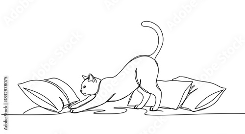 A playful black cat stretching on a soft cushion indoors, showcasing dynamic movement and playful energy in a cozy setting with a transparent background