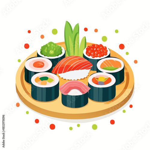 Colorful sushi rolls and sashimi on a wooden plate with green onions and wasabi against a white background with scattered dots.