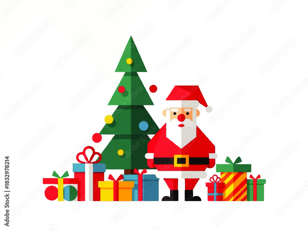 Naklejka premium Santa Claus stands next to a decorated Christmas tree surrounded by colorful wrapped gifts on a white background.