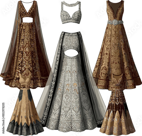 Create a kinds of different modern weeding lehenga vector art with white background.