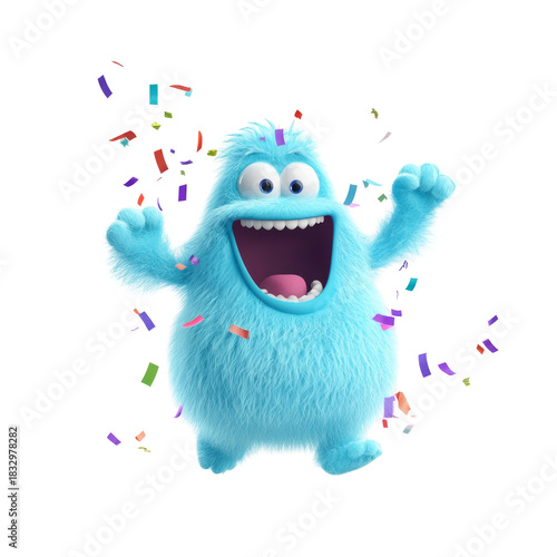 Happy blue cartoon monster celebrating with confetti