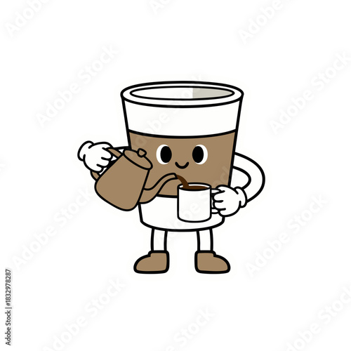 Happy Cartoon Coffee Cup Pouring Coffee Into A Mug With A Smiling Face And Raised Arms On A Black Background Simple Animation Style