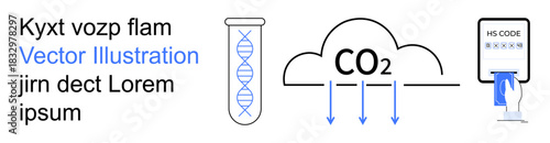 Climate change, data analysis, laboratory research, carbon footprint, identity validation, barcode scanning. DNA helix, CO2 cloud barcode scanner. Climate change and data analysis