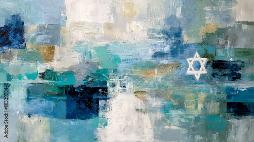 A background of abstract blue and green shapes