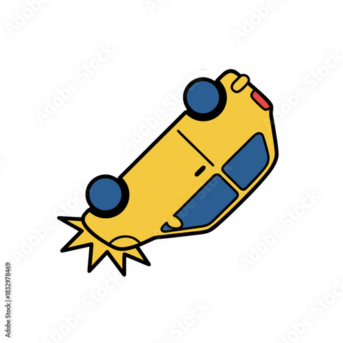 Yellow Car Flipping Over Sticker Style Flat Vector Art Minimalist Clean 2D Pure White Background Cartoonish Representation of Vehicle Accident
