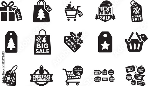   Christmas shopping icon and discount tag bundle set in bold vector silhouette for holiday sales.