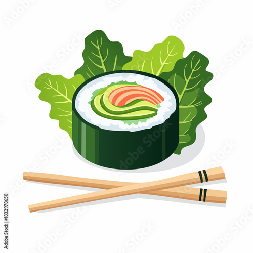 Flat lay illustration of a sushi roll with salmon and avocado on lettuce leaves with chopsticks on a white background.