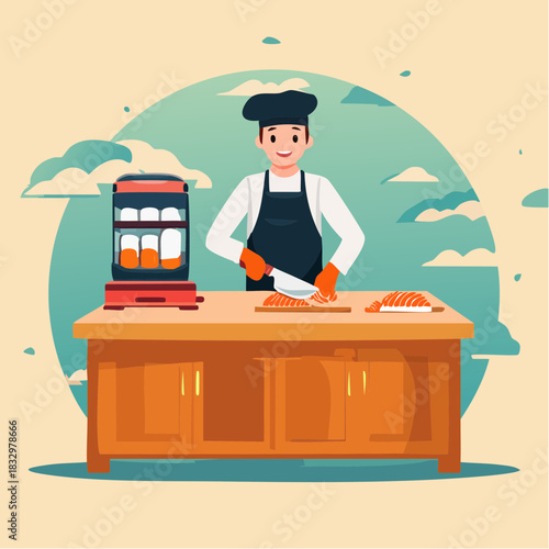 Illustration of a chef preparing food on a wooden counter with a drink machine beside him in a stylized setting.