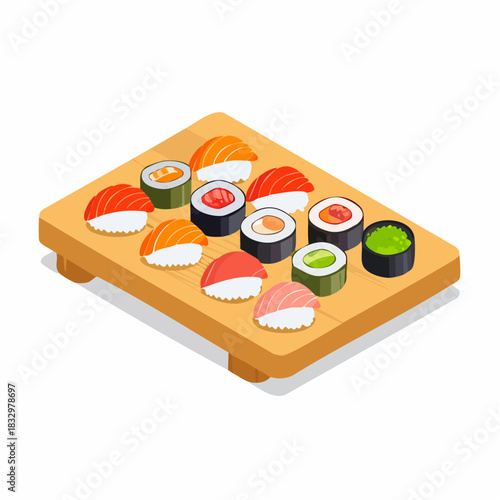 Isometric illustration of assorted sushi rolls and sashimi on a wooden tray against a white background.