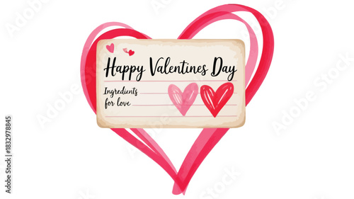 Happy valentines day greeting card with a watercolor heart design and the text ingredients for love perfect for romantic celebrations and expressions of affection