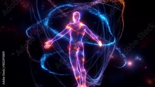 Human energy field and aura visualization, spiritual awakening and meditation concept, glowing body in cosmic space.