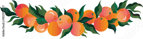 Horizontal Orange Fruit Garland Vector Illustration, Featuring Lush Citrus Fruits and Stylized Green Leaves, Perfect for Mediterranean Design, Web Banners, and Organic Product Packaging.