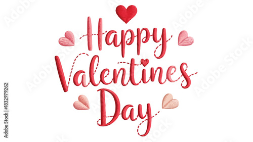 Happy valentines day text with embroidered hearts and dashed lines on a white background perfect for romantic celebrations and greetings