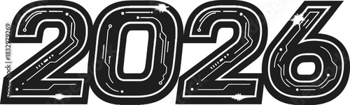 Modern 2026 futuristic new year celebration design with sleek black and white digital circuit pattern