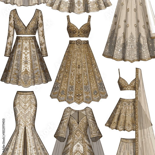 Create a kinds of different modern weeding lehenga vector art with white background.