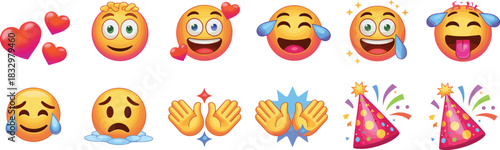 Joyful 3D Emoji Vector Collection, Featuring Happy, Crying, Loving, and Celebrating Emojis with Party Hats, Clapping Hands, and Heart Icons for Social Media and Messaging.