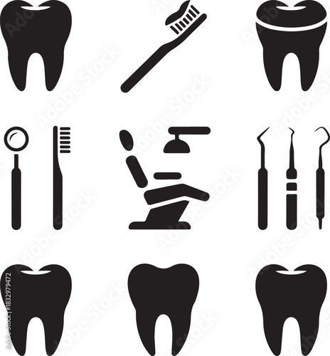 Dental icons, tooth care, dentist tools, oral hygiene, medical clinic, stomatology symbol, healthy teeth, healthcare treatment, orthodontics equipment, toothbrush paste