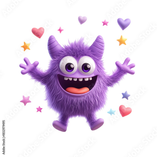 Cheerful purple monster surrounded by colorful hearts and stars
