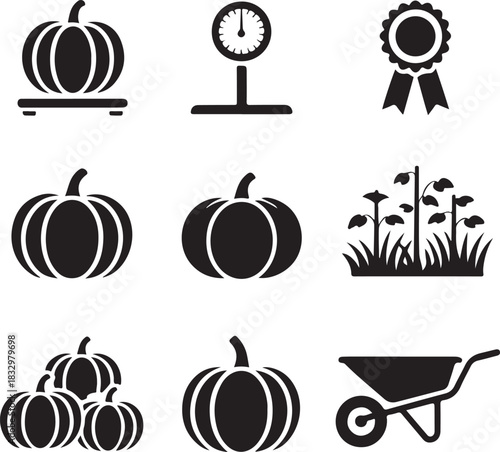 Pumpkin farm, agriculture icons, gardening tools, harvest season, autumn crop, organic growing, farm fresh, wheelbarrow transport, prize winner, nature plant