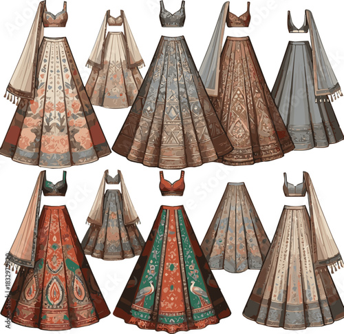 Create a kinds of different modern weeding lehenga vector art with white background.