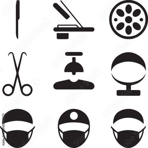 Surgery icons, medical operation, hospital doctor, surgical tools, health care, clinic equipment, emergency room, medicine symbol, surgeon mask, operating light