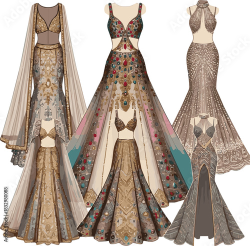 Create a kinds of different modern weeding lehenga vector art with white background.