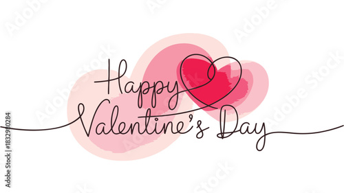 Elegant handwritten script text happy valentines day with a simple heart outline and soft pink watercolor heart shapes on a white background