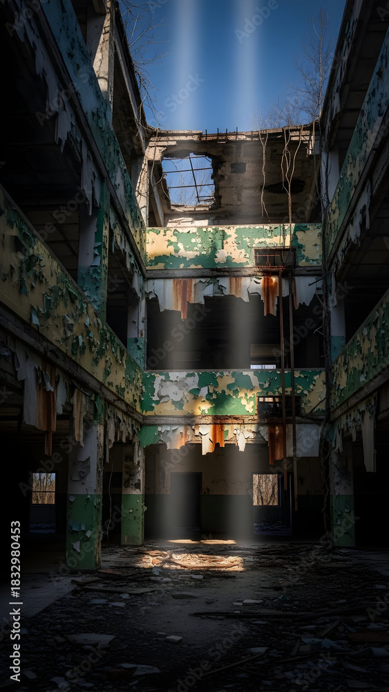Fototapeta premium Sunlight streams through the broken roof of an abandoned, decaying multi-story building with peeling paint and crumbling architecture, creating dramatic light shafts.