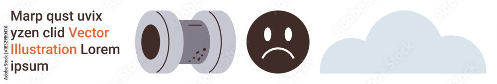 Fototapeta premium Data storage, emotional expression, weather symbolism, industry tech, cloud computing, minimal design. Spool object, sad face symbol cloud shape on white. Data storage and emotional expression