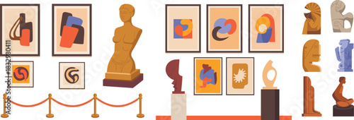 Modern Art Museum and Gallery Exhibition Vector Illustration, Featuring Abstract Paintings, Classical Busts, and Contemporary Sculptures on Pedestals, Representing Culture and History.