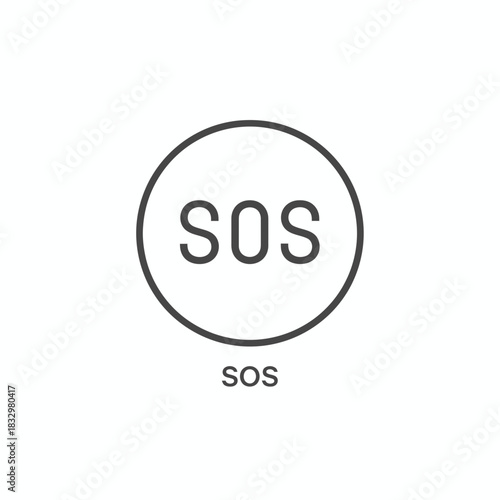 Vector illustration of a thin line SOS icon. A circular symbol representing an emergency distress signal, a call for help, and a safety alert
