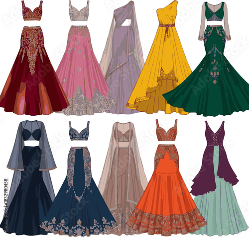 Create a kinds of different modern weeding lehenga vector art with white background.