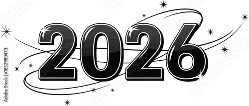 Exciting 2026 new year black and white celebration artwork design for festive holiday promotions