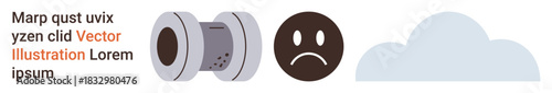 Data storage, emotional expression, weather symbolism, industry tech, cloud computing, minimal design. Spool object, sad face symbol cloud shape on white. Data storage and emotional expression