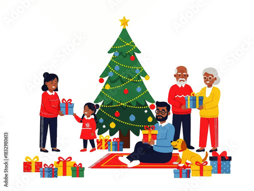 A multi-generational family exchanges Christmas gifts around a decorated Christmas tree on a red rug, with presents scattered around and a dog sitting nearby.