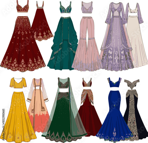 Create a kinds of different modern weeding lehenga vector art with white background.