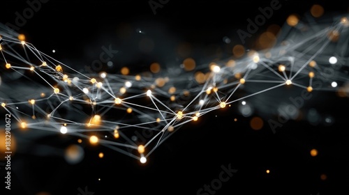 Network topology visualization showing connected nodes, data traffic routes, and system infrastructure in digital communication and information flow