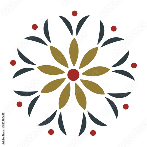 Radiant symmetrical floral ornament with warm palette. Ideal for festive branding, holiday invitations, packaging, textile designs and cozy folk inspired compositions. High quality vector illustration
