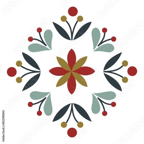 Elegant Nordic floral ornament with soft winter colors and stylized petals Cozy folk decorative element for seasonal design, holiday prints, branding, festive craft projects Flat vector illustration