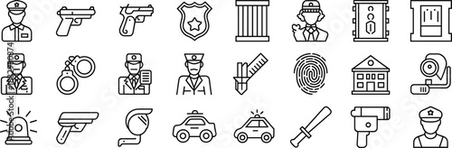 Police and Law Enforcement Outline Icon Set, Security, Justice, Officer, Patrol Car, Handcuffs, Weapon, Crime Line Art Vector Graphic Collection