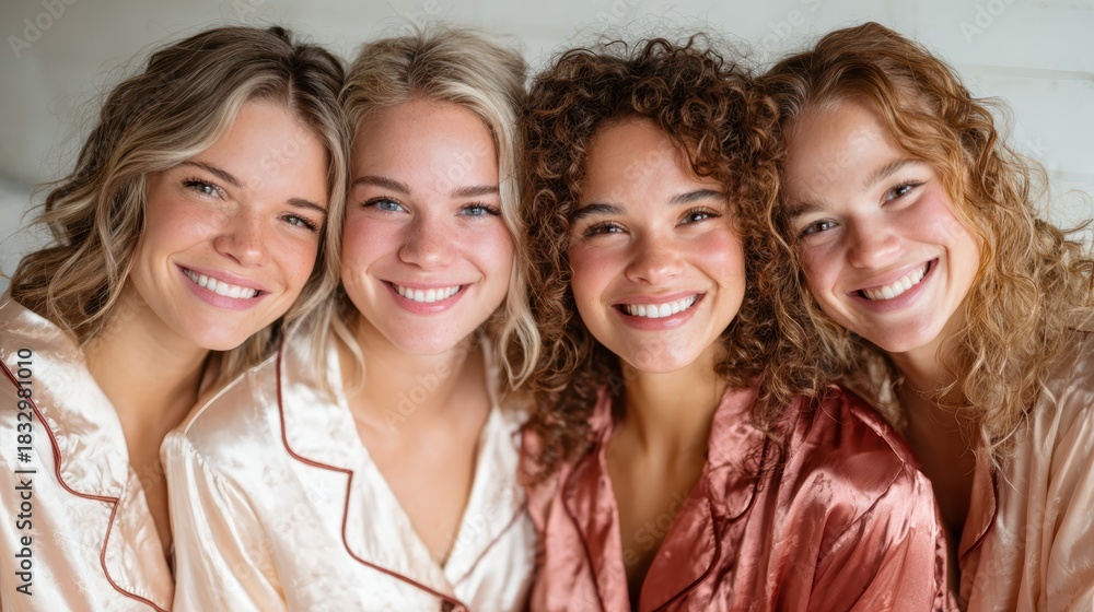 Fototapeta premium A group of four joyful women in elegant pajamas smile widely, showcasing a moment of friendship and style, perfect for expressing happiness and unity in a cozy setting.