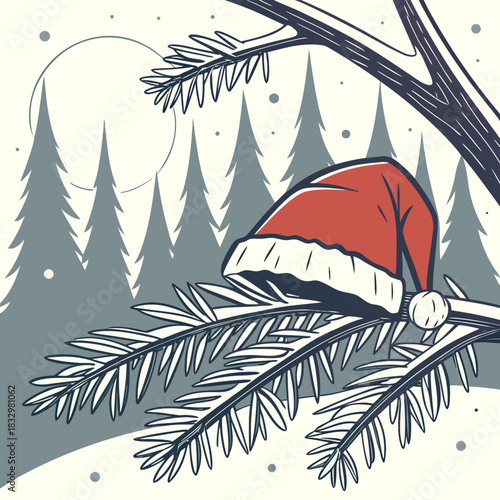 Christmas vector with santa hat on snowy forest branch. Festive and whimsical, suitable for holiday cards, social media graphics, and winterthemed designs.