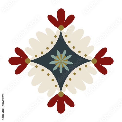 Warm folk inspired diamond ornament with soft petals and bold accents for winter crafts, festive decorations, greeting cards, packaging in trendy Scandinavian style. Flat vector illustration