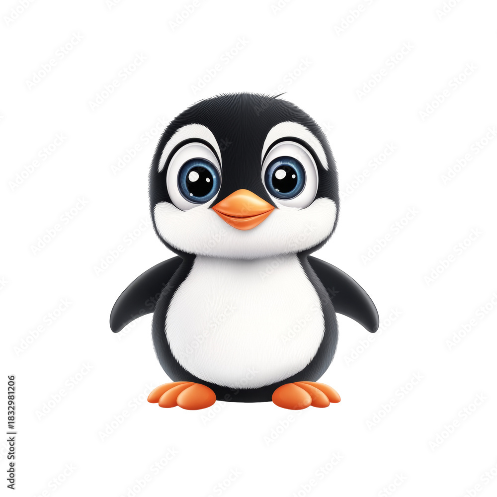 Fototapeta premium Adorable cartoon baby penguin with big eyes and orange feet on white background